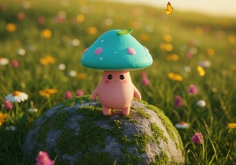 Cute cartoon mushroom character sitting on a mossy rock in a sunny meadow