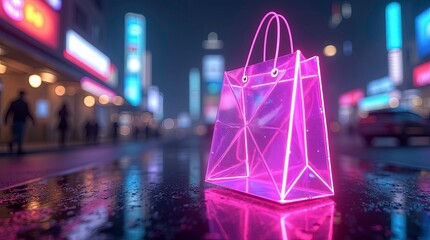 A glowing neon shopping bag on a digital background 3d render