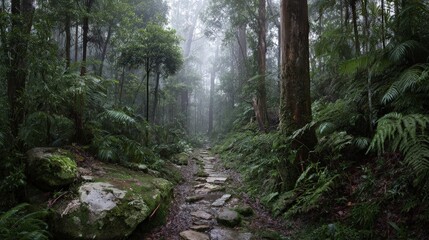Misty Forest Path Through Lush Green Trees