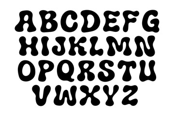 Groovy bubble alphabet with bold black letters for kids. Funky Font Rave Groovy with uppercase characters. Retro blob typeface with unique shapes.