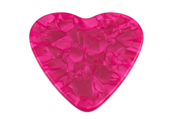 A bright pink heartshaped guitar pick with a textured glossy surface is isolated on a clean transparent background