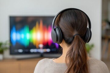 Woman with headphones watching colorful equalizer on TV, enjoying music or audio content at home.