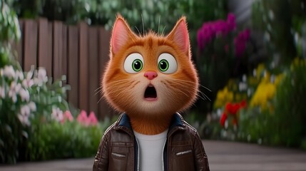 A highly detailed 3D anthropomorphic orange tabby cat with bright green eyes, standing like a human. Milo wears a brown leather jacket over a white t-shirt, dark jeans, and sneakers. His fur is smooth