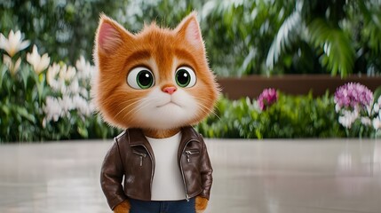A highly detailed 3D anthropomorphic orange tabby cat with bright green eyes, standing like a human. Milo wears a brown leather jacket over a white t-shirt, dark jeans, and sneakers. His fur is smooth