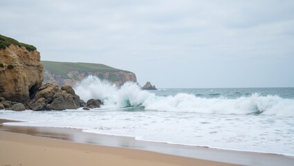 Ocean waves crash powerfully against jagged rocks along a sunlit coastline, sending sprays of foam into the warm sea breeze