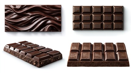 Obraz premium Four high-resolution images showcase dark chocolate in diverse forms melted, segmented bars, and a slightly broken bar, all against a stark white backdrop