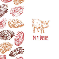 Meat menu template in engraved vintage style with pig illustration. Hand-drawn sketches of barbecue meat pieces, herbs and seasonings. Background for meat restaurant.