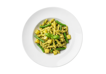 Ultra photorealistic, high-angle shot of classic Trofie al Pesto Genovese with green beans and potatoes in a white bowl on a stark white background, Italian culinary perfection concept