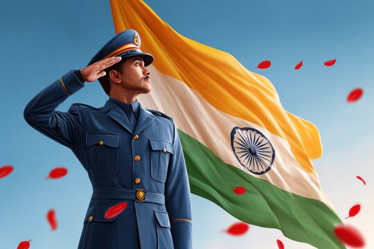 Indian air force officer salutes flag with falling rose petals