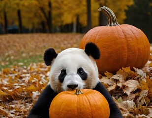 panda with pumpkins during the autumn	