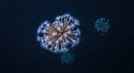 Bioluminescent marine organisms glowing like dandelions in the deep sea