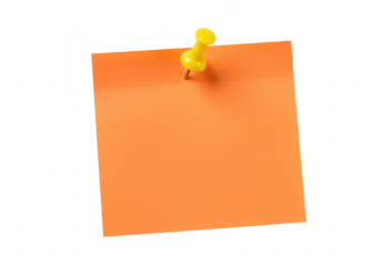 A blank orange square sticky note is attached to a transparent background with a bright yellow thumbtack