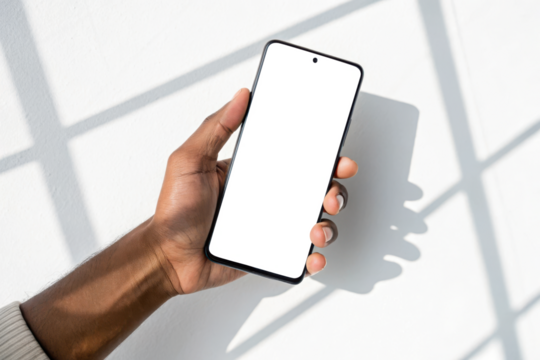 Hand holding a black smartphone with shadow patterns