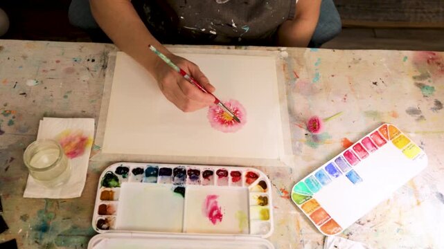 Watercolor painter carefully paints pink flower, seen from above