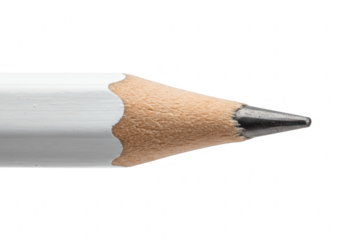 A detailed macro photograph of the sharpened tip of a white pencil showcasing the wood grain and graphite lead on a white backdrop isolated on