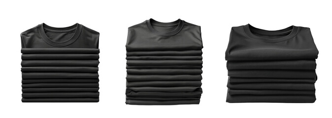 Stack of Black T-shirt Set Isolated on Transparent Background. PNG.