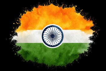 Vibrant indian flag in a splattered watercolor style on black background