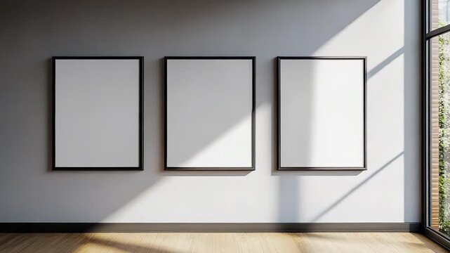 Three empty vertical frames hanging in modern gallery interior with sunlight and plants