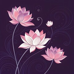  “Elegant illustration of pink and white lotus flowers on a dark purple background.”