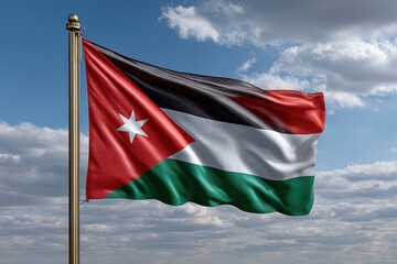 The national flag of jordan waving proudly against a cloudy blue sky