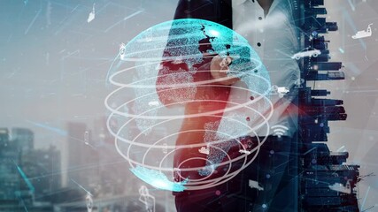 A business professional showcases innovative technology, representing global connectivity and digital transformation. The image illustrates a modern cityscape with data networks. Xenic - Powered by Adobe
