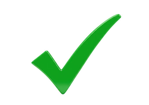 A glossy green checkmark symbol is displayed diagonally against a clean transparent background representing confirmation and success
