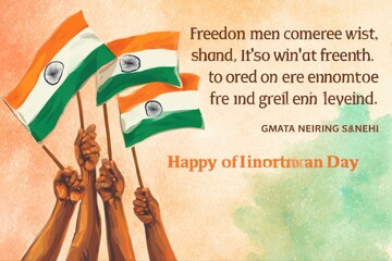 Hands holding indian flags with inspirational quote for independence day