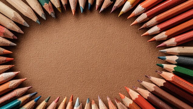 Colored pencils arranged in a circle on a tan background