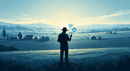 Fototapeta premium Future of agriculture illustration. A farmer using a tablet for smart farming, overlooking fields at sunrise for the coming season.