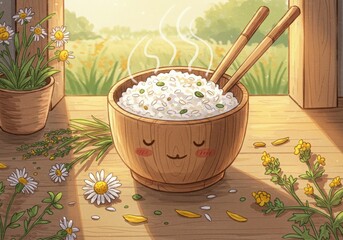 Cute bowl of rice with chopsticks and flowers on a wooden porch