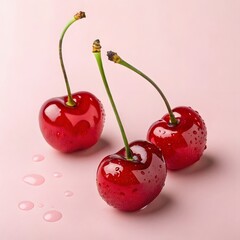 &ldquo;Three shiny red cherries with green leaves on a soft pink background.&rdquo;
