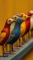 Row of colorful birds on shelf