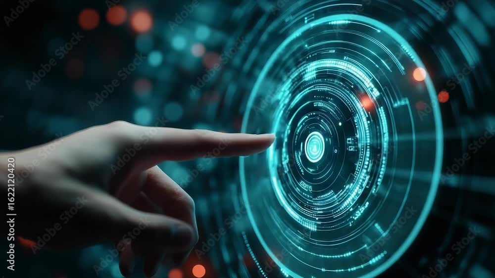 Poster businessman using digital futuristic interface touching circular button