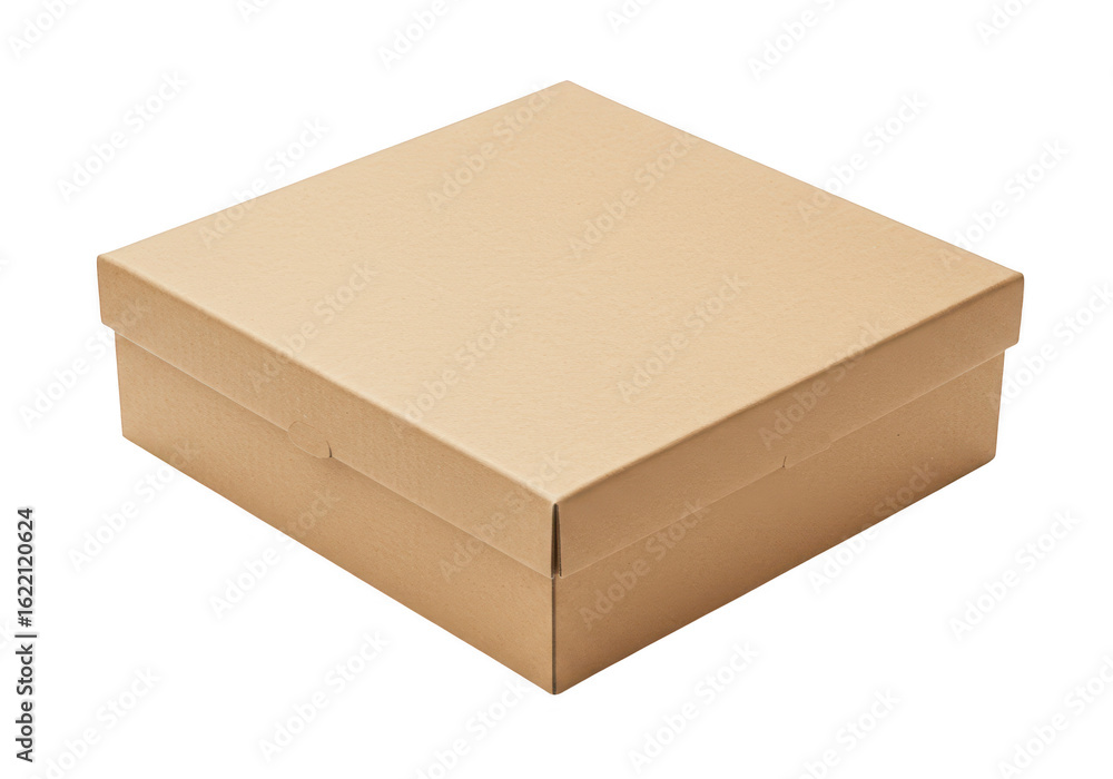 Poster a closed square brown cardboard box with a lid is shown from a slightly elevated angle on a transpar