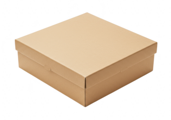A closed square brown cardboard box with a lid is shown from a slightly elevated angle on a transparent background