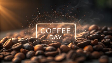 Close up of roasted coffee beans with a glowing neon sign that says coffee day