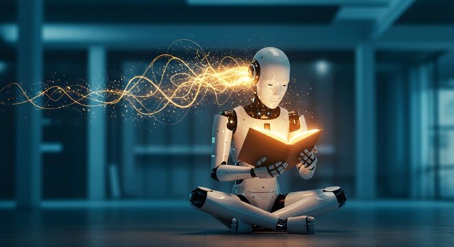 A smart robot with illuminated brain circuits studies an open book. Illustrates artificial intelligence, innovation in learning, and modern machine cognition.