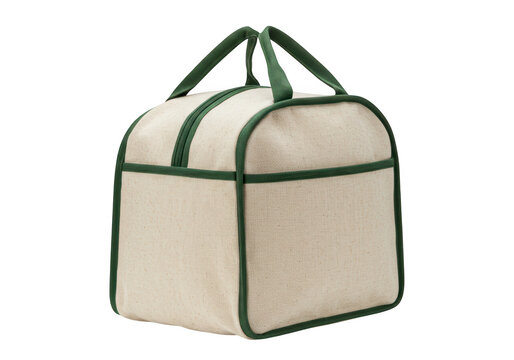 A beige canvas duffel bag with green trim and handles is isolated on a plain transparent background