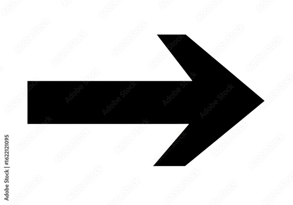 Poster a solid black arrow pointing to the right presented as a simple graphic symbol on a plain transparen
