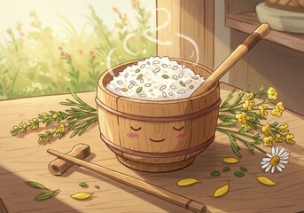 Cozy wooden bucket filled with rice and herbs on a sunny table