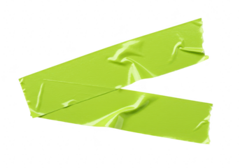 Two pieces of bright green adhesive tape are laid out in a vshape on a plain transparent background showing a crinkled texture