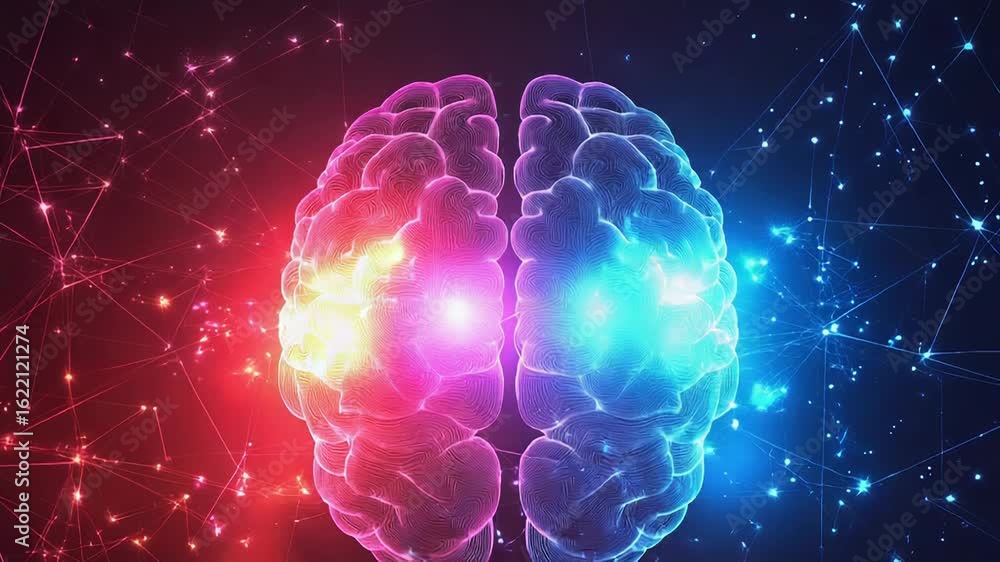 Poster human brain glowing and generating energy with connected lines representing artificial intelligence
