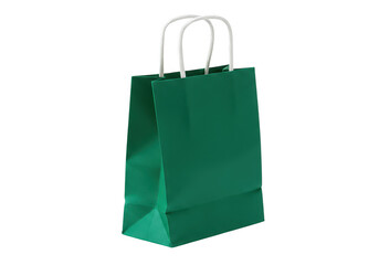 A single vibrant green paper shopping bag with white handles stands upright against a plain transparent background ready for gifts or purchases