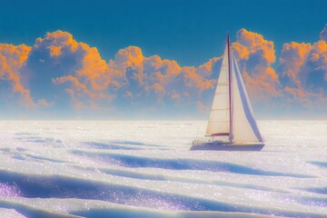 Sailing vessel on a dreamy sea, vibrant clouds