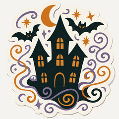 Cartoon Whimsical Halloween Haunted House WIth Abstract Swirls & Two Bats Die-Cut Sticker Vector Line Art Crescent Moon Hallows Eve Art 