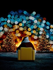 Santa relaxes by a fireplace