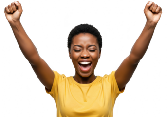 A young african american woman with her arms raised in celebration her fists clenched and mouth open in a joyous shout against a transparent background