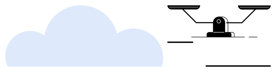 Drone with dual rotors soaring above abstract cloud element. Ideal for technology, communication, innovation, connectivity, automation, aerial systems, and modern solutions. Simple flat metaphor