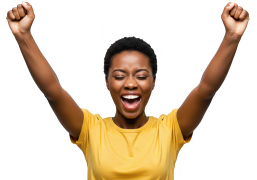 A young african american woman with her arms raised in celebration her fists clenched and mouth open in a joyous shout against a transparent background