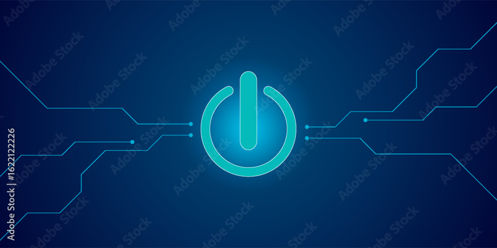 Poster ai innovation futuristic concept. technology blue background. on power blue button, and circuit boar